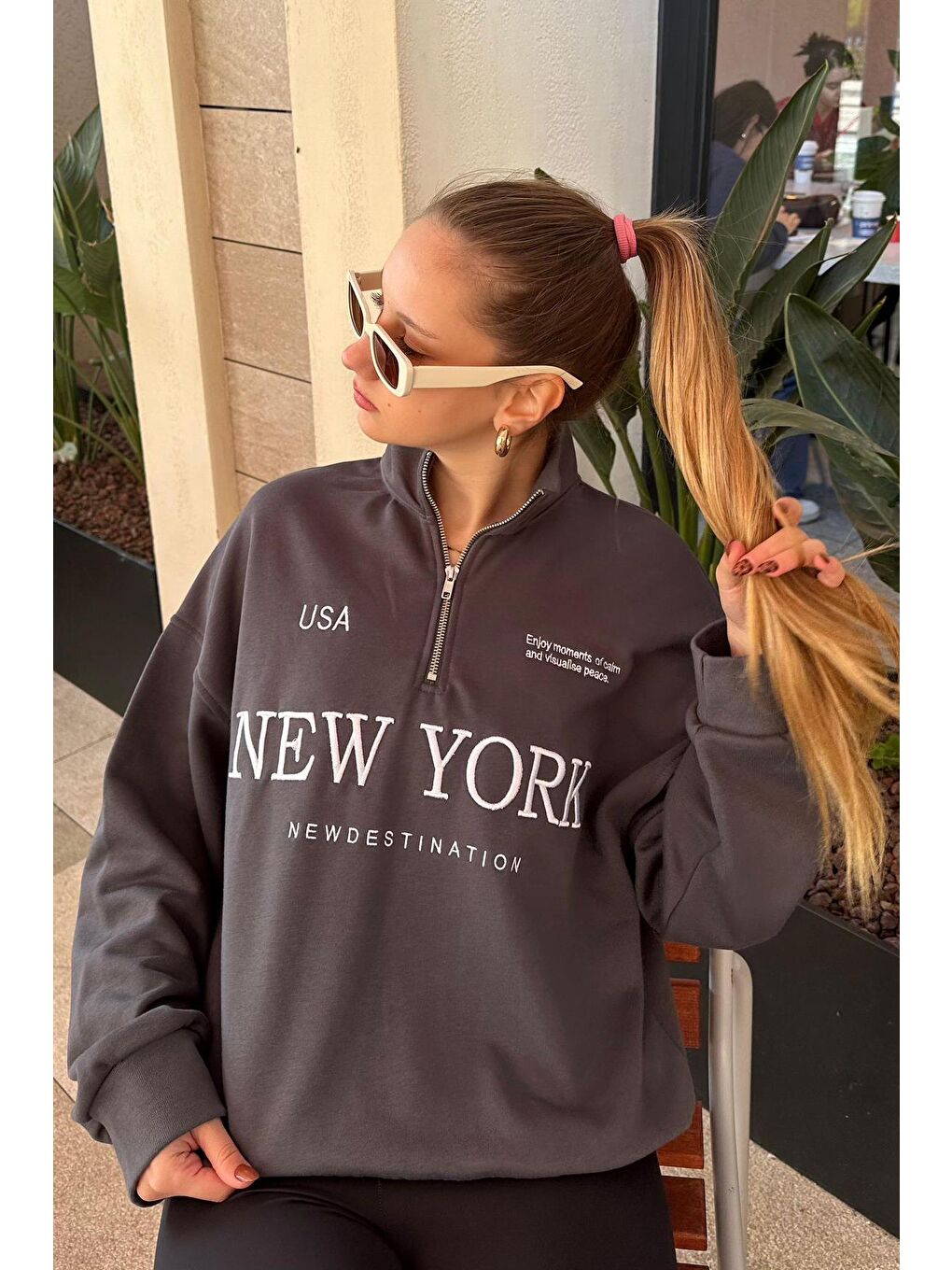 Gri Füme Yarım Fermuarlı Baskılı Sweatshirt Mg2240-2