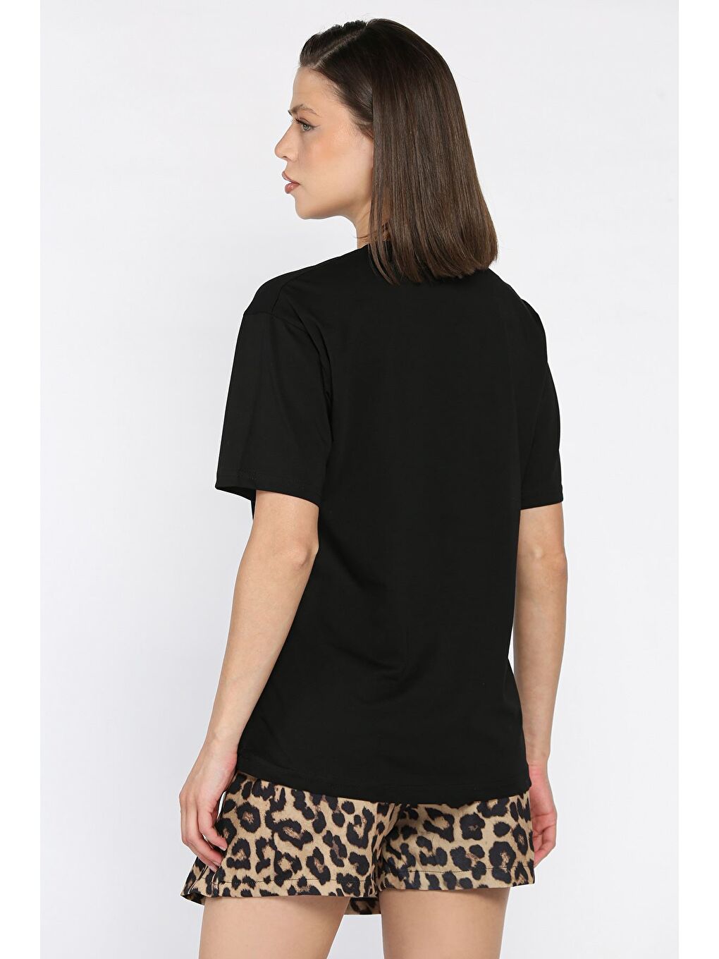 Siyah Kadın Bisiklet Yaka Baskılı Taşlı Tişört-2