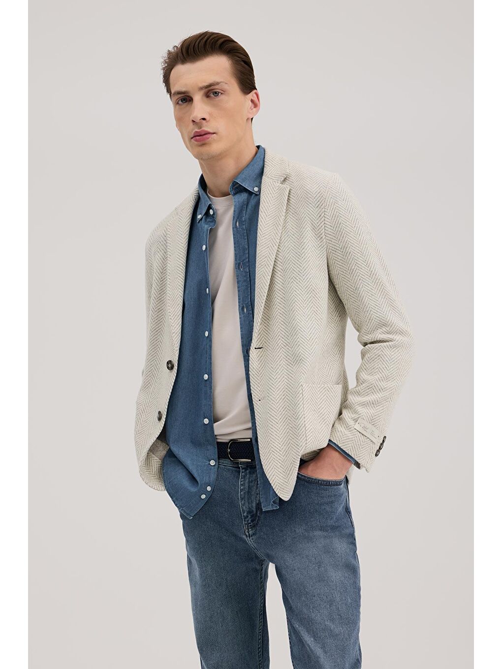 Gri Slim Fit Mono Yaka Desenli Ceket