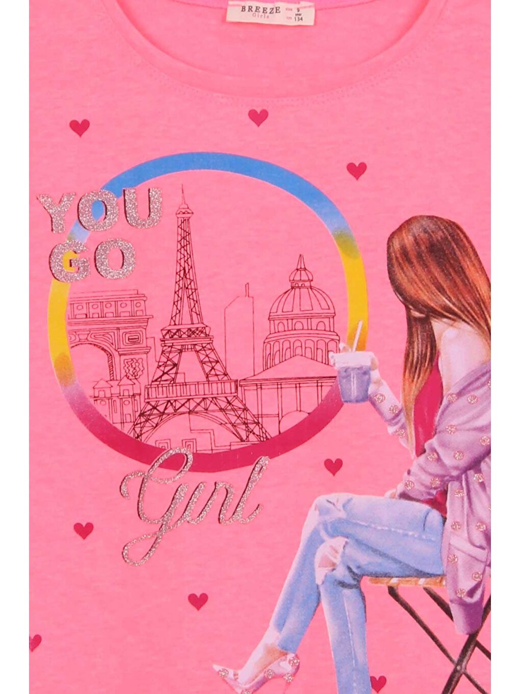 Kız Çocuk Tişört Kalpli Simli Kız Baskılı Neon Pembe (9-16 Yaş)-2