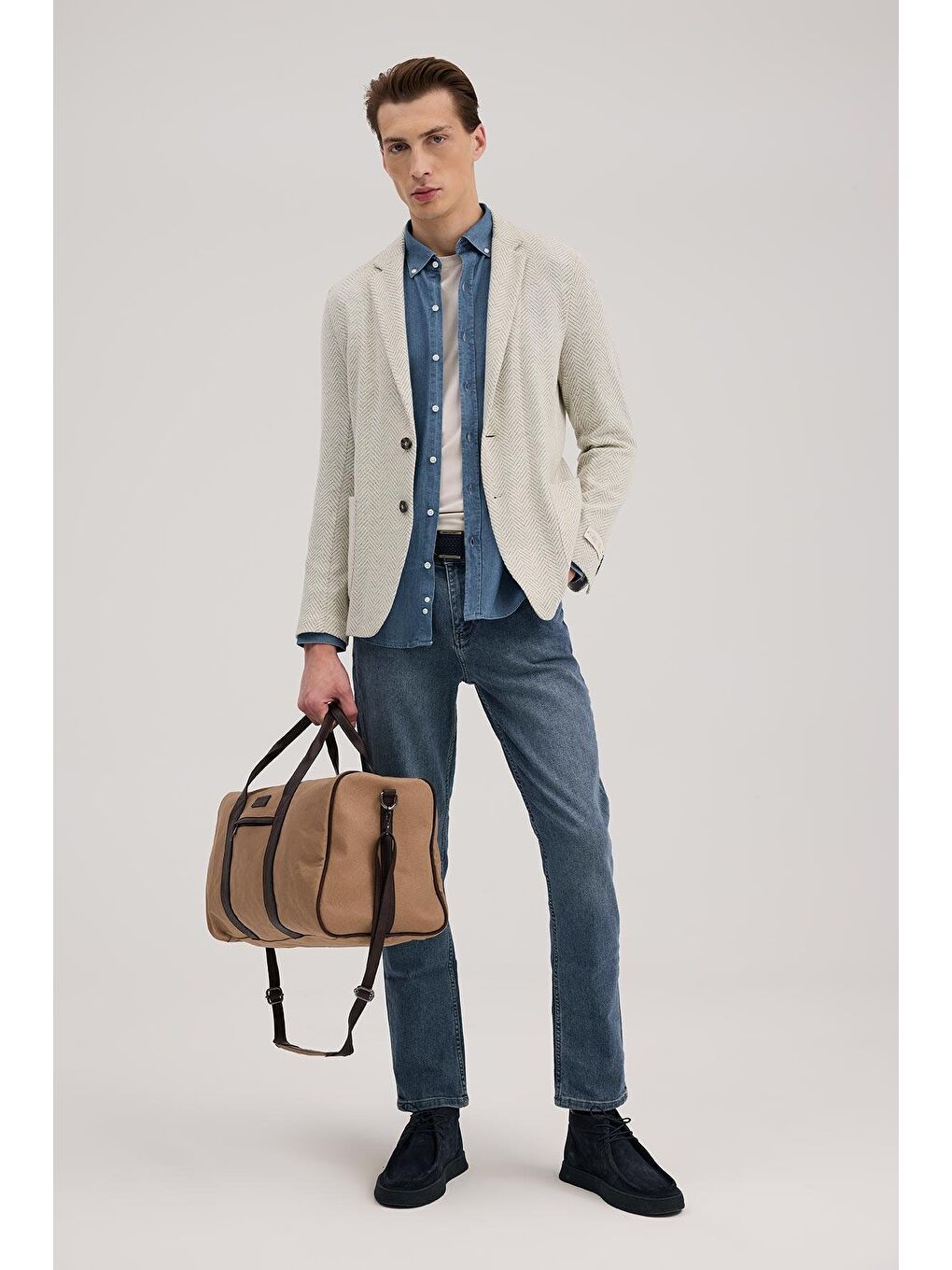 Gri Slim Fit Mono Yaka Desenli Ceket-1