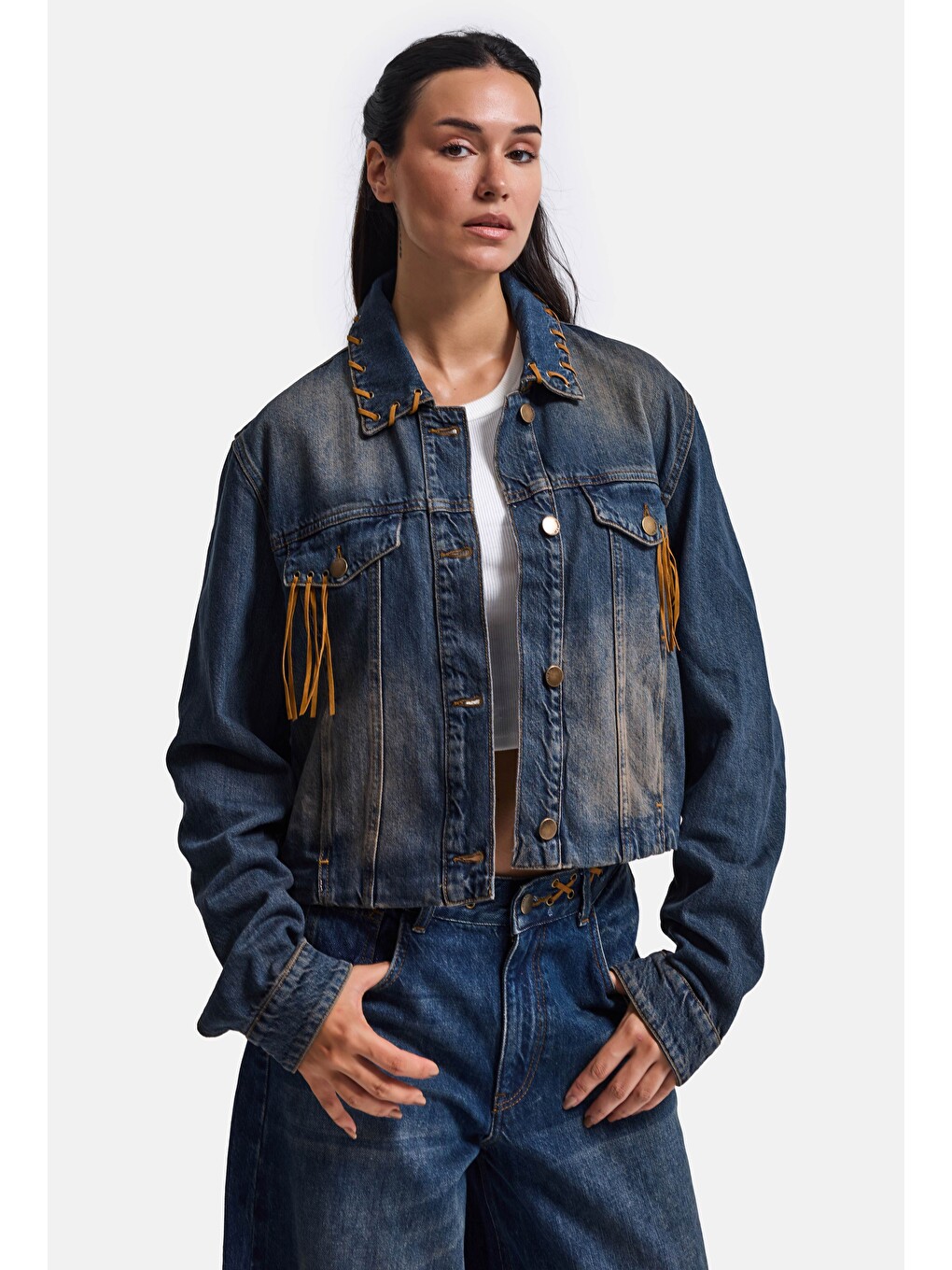 Mavi Kadın T.kot Rengi 2w6-8 Kemer Boy Süet Detaylı Tasarım Denim Ceket-3