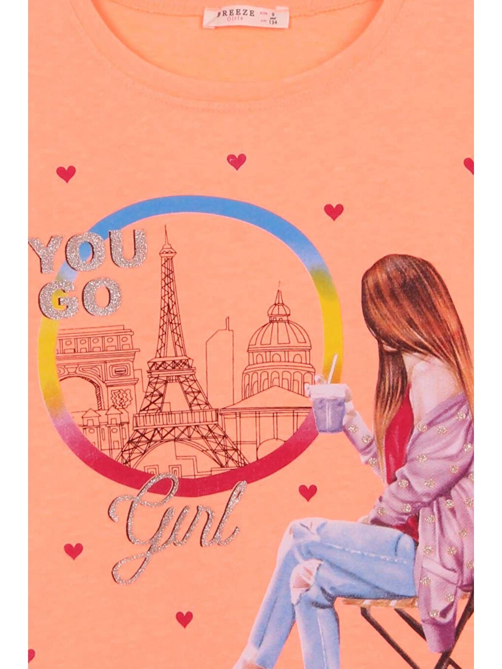 Kız Çocuk Tişört Kalpli Simli Kız Baskılı Neon Turuncu (9-14 Yaş)-2