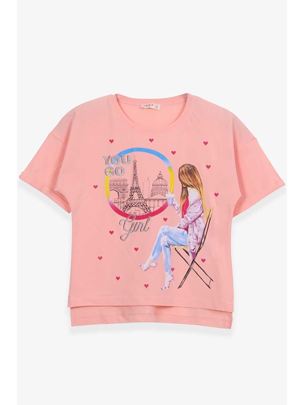 Pembe Kız Çocuk Tişört Kalpli Simli Kız Baskılı Somon (9-16 Yaş)