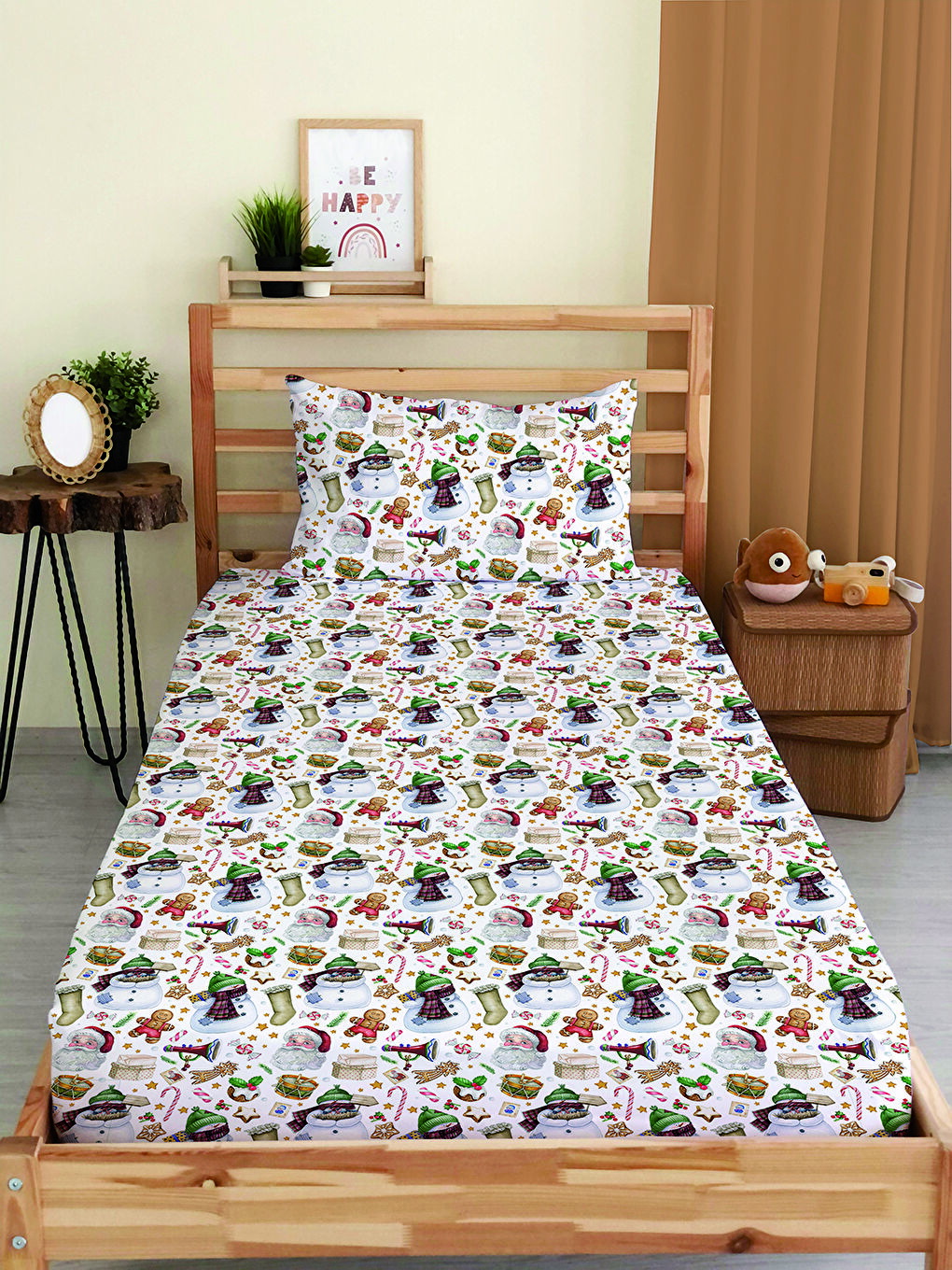 Karışık Yılbaşı Desenli Tek Kişilik Baskılı Lastikli Çarşaf Takımı– 100x200cm