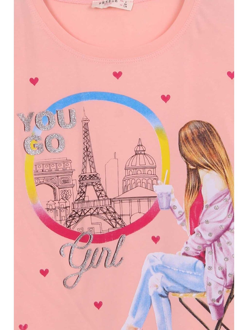 Pembe Kız Çocuk Tişört Kalpli Simli Kız Baskılı Somon (9-16 Yaş)-2