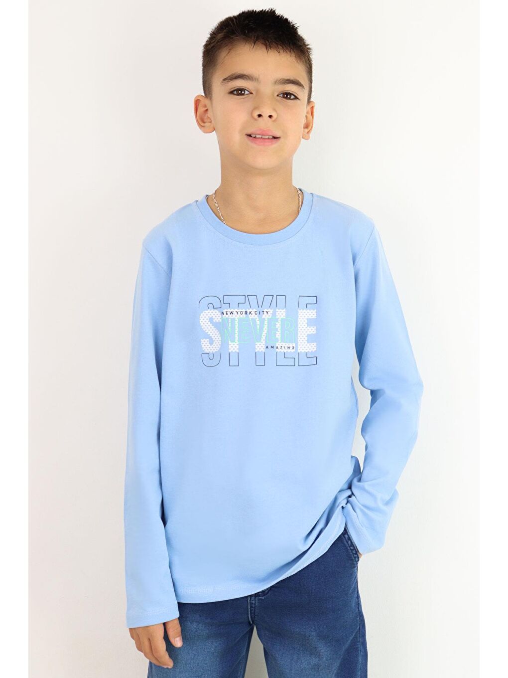 Erkek Çocuk Uzun Kollu Tişört Yazı Baskılı Açık Mavi (6-12 Yaş)
