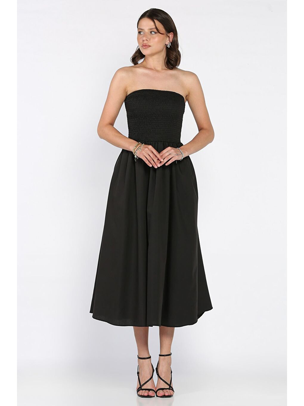 Siyah Kadın Straplez Midi Boy Elbise-1