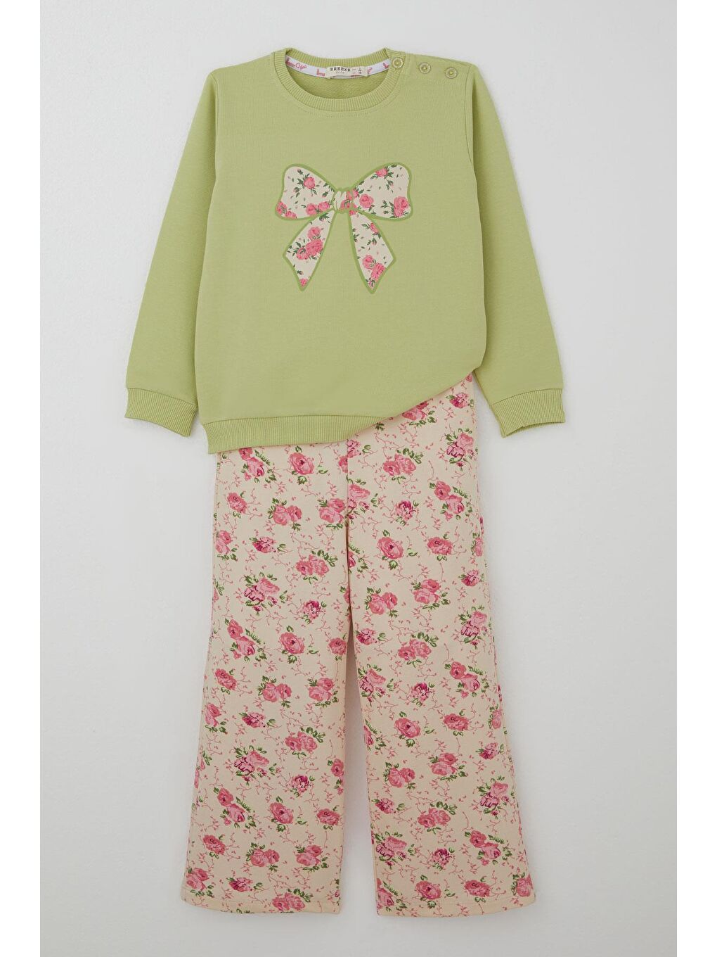 Kız Çocuk Eşofman Takımı Fiyonk Baskılı Pantolonu Çiçek Desenli Fıstık Yeşili (1.5-5 Yaş)