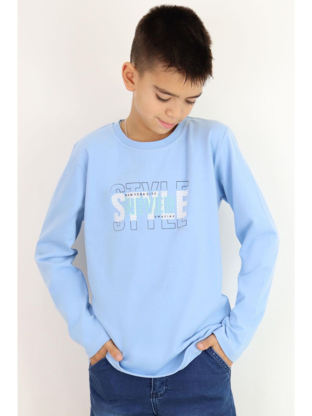 Erkek Çocuk Uzun Kollu Tişört Yazı Baskılı Açık Mavi (6-12 Yaş)-1