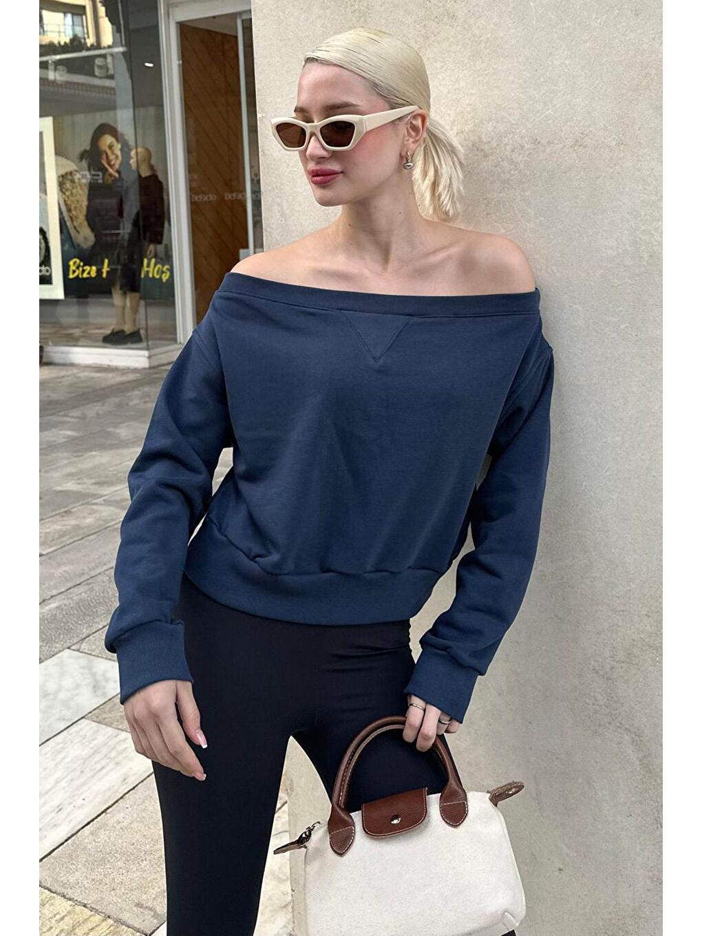 Lacivert Kayık Yaka Kadın Sweatshirt Mg2239