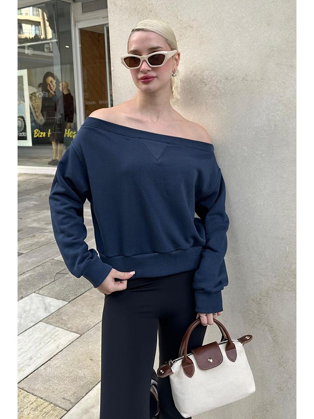 Lacivert Kayık Yaka Kadın Sweatshirt Mg2239-1