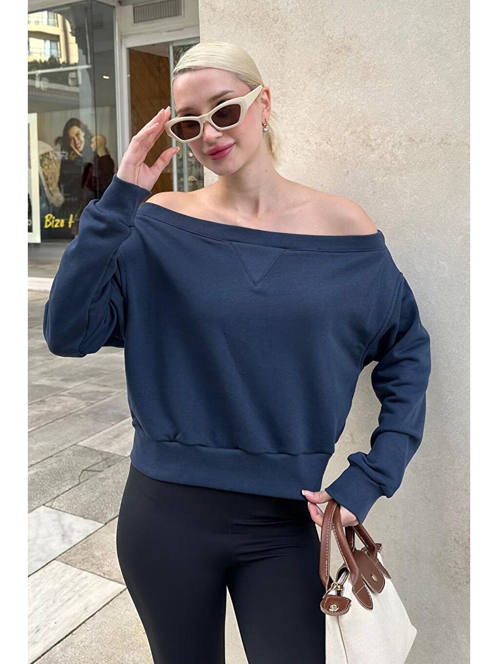 Lacivert Kayık Yaka Kadın Sweatshirt Mg2239-2