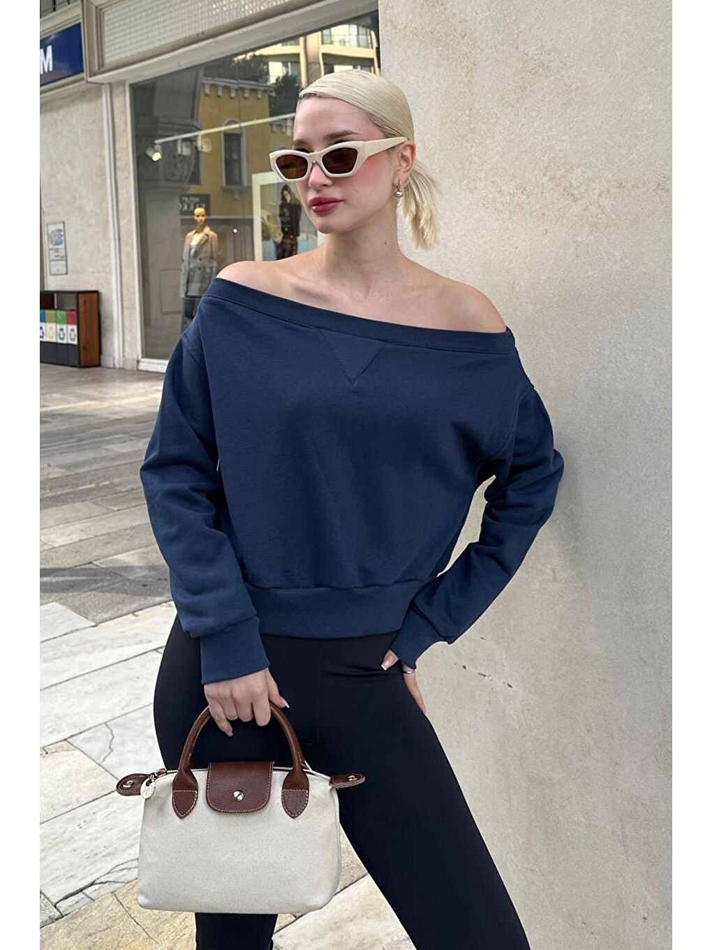 Lacivert Kayık Yaka Kadın Sweatshirt Mg2239-3