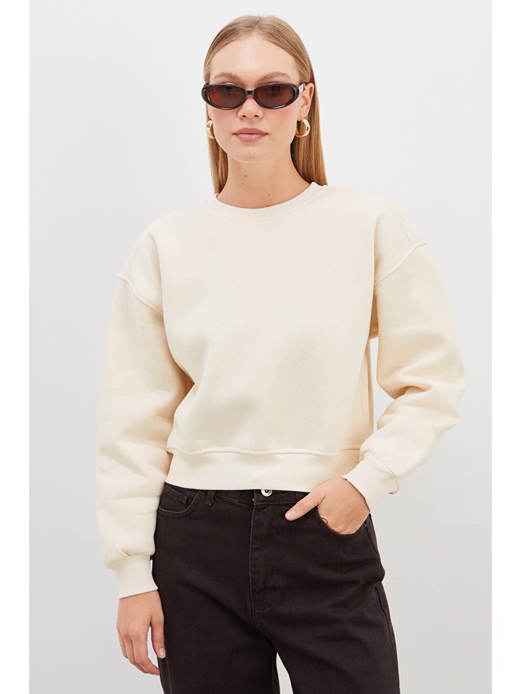 Bej 3 İplik Basic Ribanalı Crop Sweatshirt-1