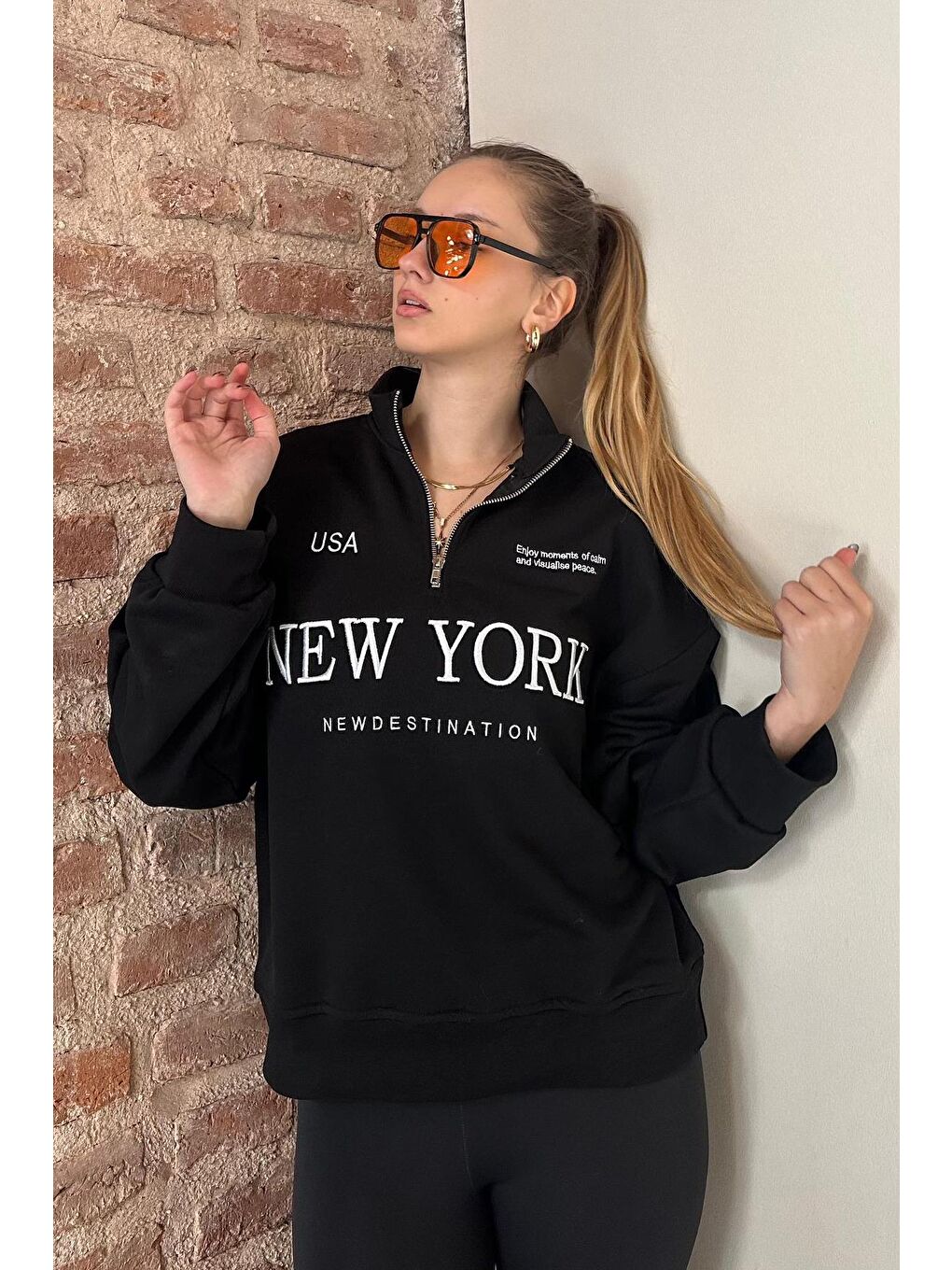 Siyah Yarım Fermuarlı Baskılı Sweatshirt Mg2240-1