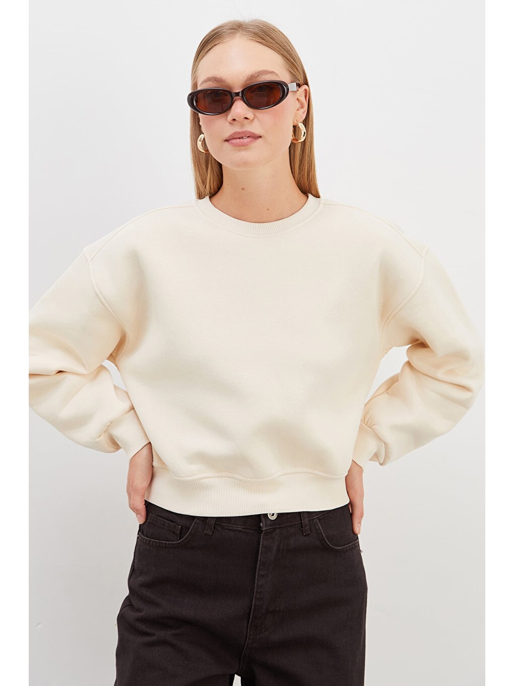 Bej 3 İplik Basic Ribanalı Crop Sweatshirt-3
