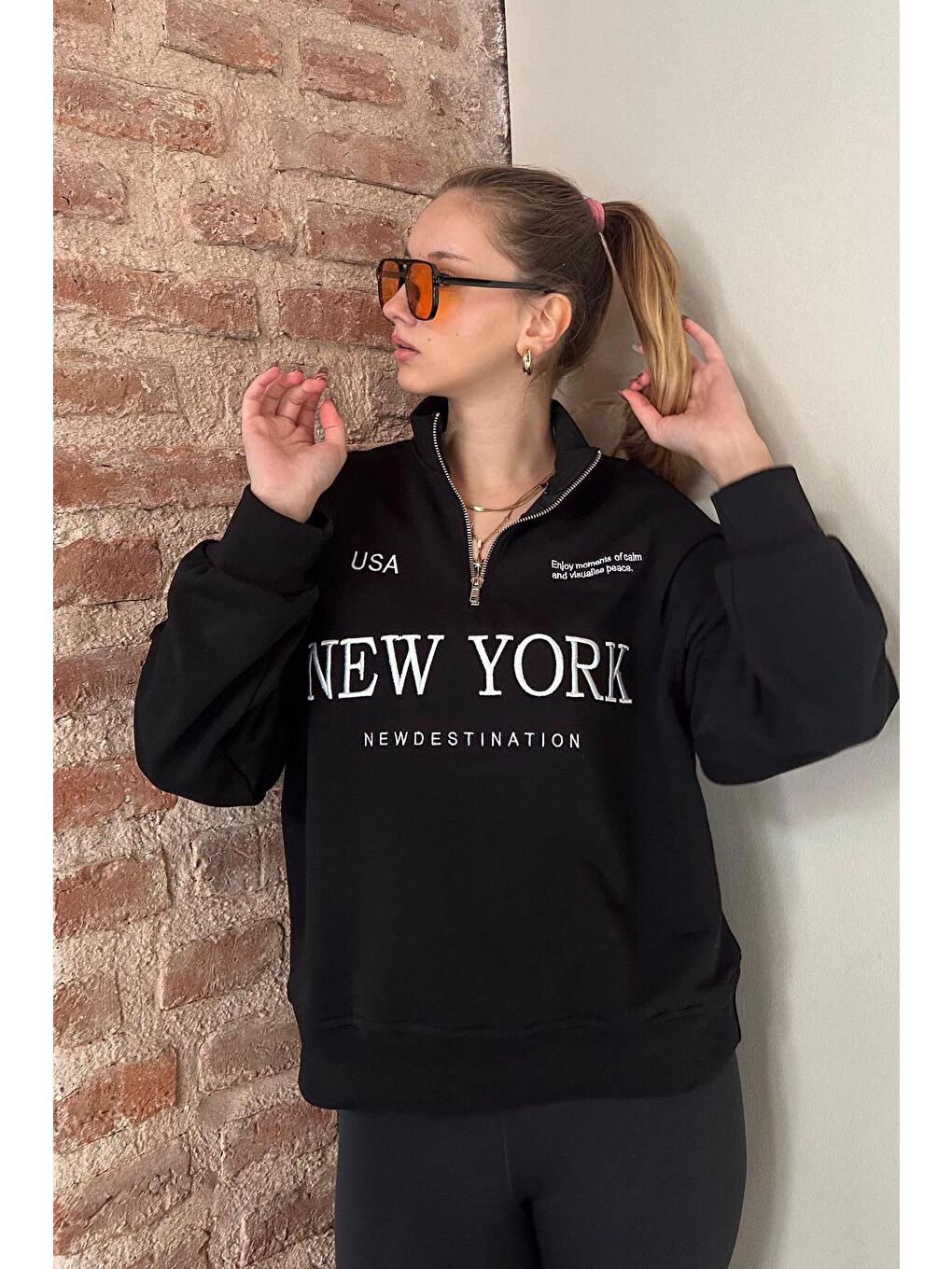 Siyah Yarım Fermuarlı Baskılı Sweatshirt Mg2240-2