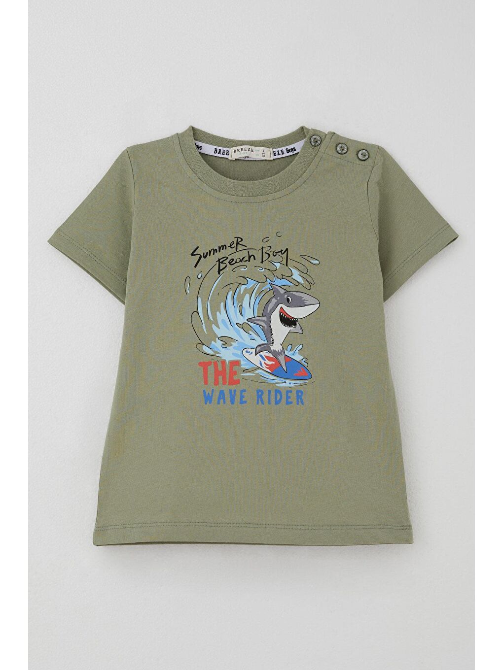 Erkek Çocuk Tişört Sörfçü Sevimli Köpek Balığı Baskılı Haki Yeşil (1.5-5 Yaş)