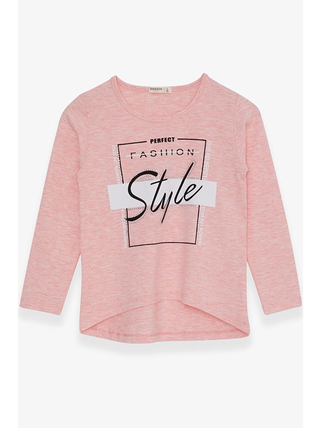 Pembe Kız Çocuk Uzun Kollu Tişört Taşlı Yazı Baskılı Somon Melanj (6-12 Yaş)