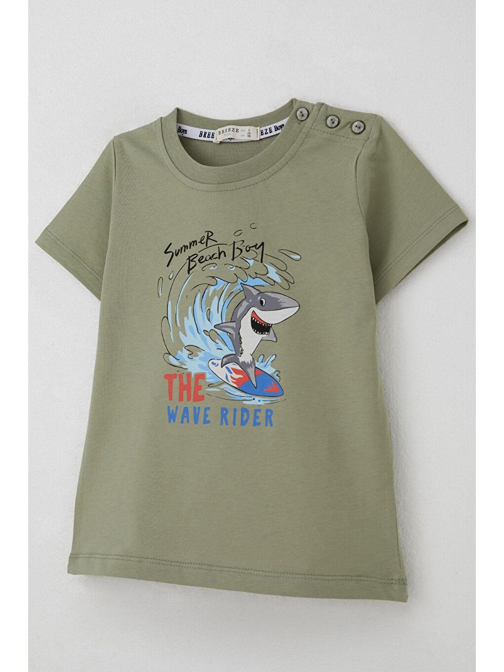 Erkek Çocuk Tişört Sörfçü Sevimli Köpek Balığı Baskılı Haki Yeşil (1.5-5 Yaş)-2