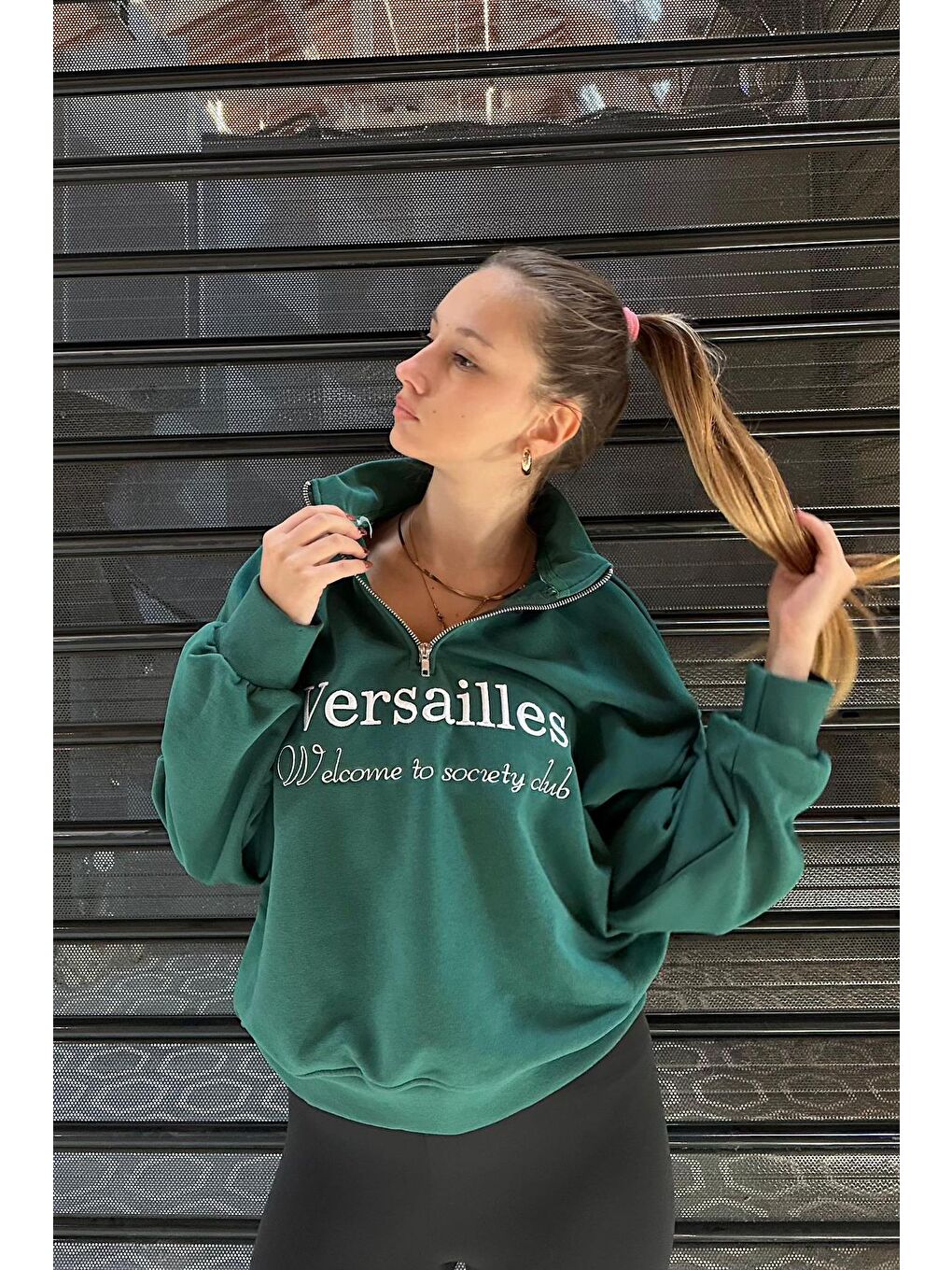 Yeşil Yarım Fermuarlı Baskılı Sweatshirt Mg2240-1