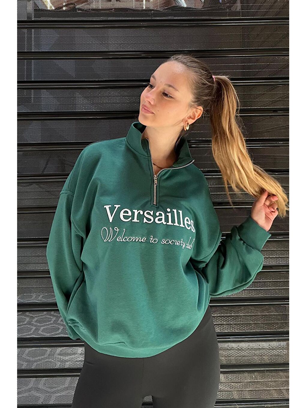 Yeşil Yarım Fermuarlı Baskılı Sweatshirt Mg2240-2