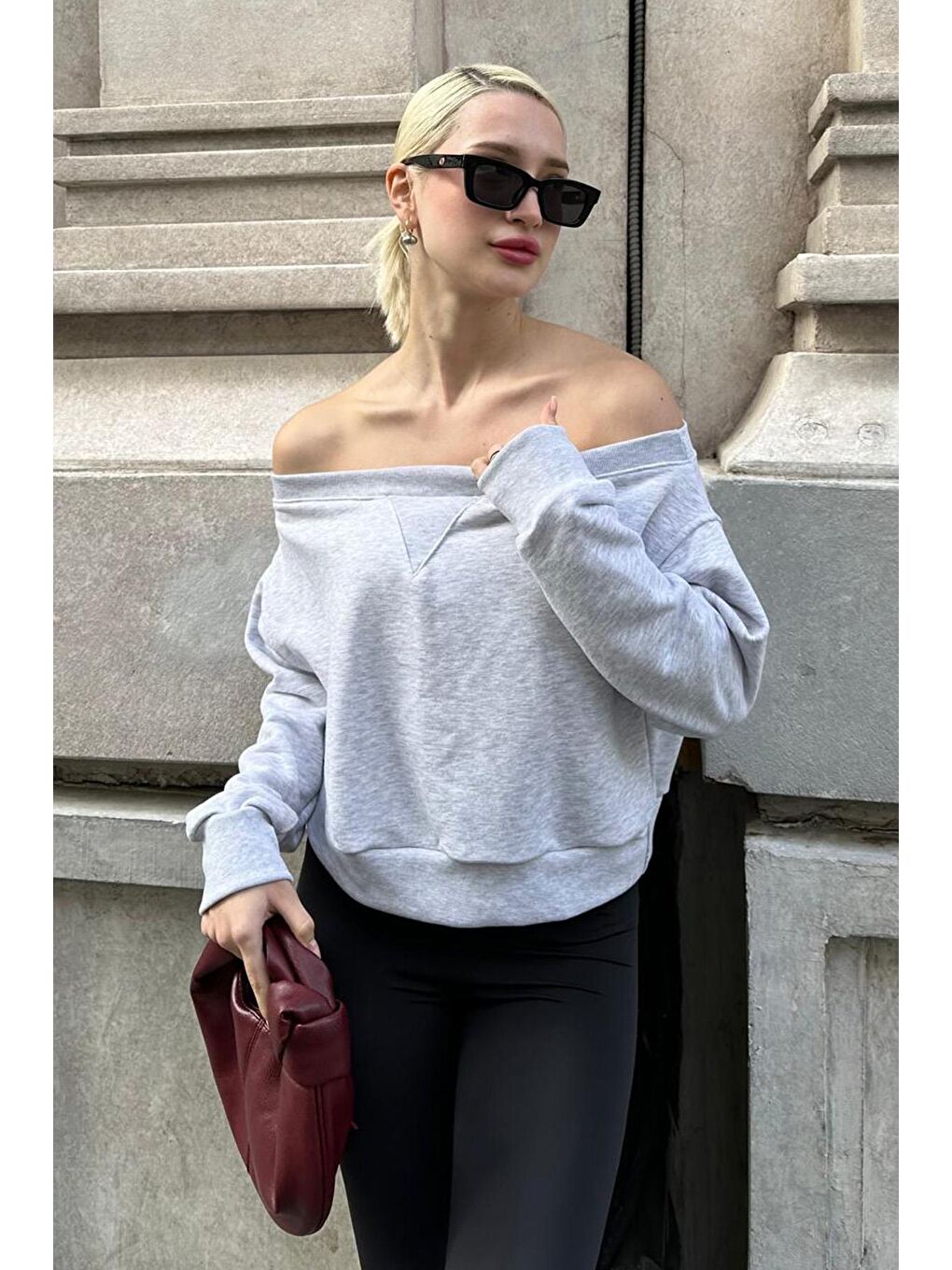 Beyaz Karmelanj Kayık Yaka Kadın Sweatshirt Mg2239-1