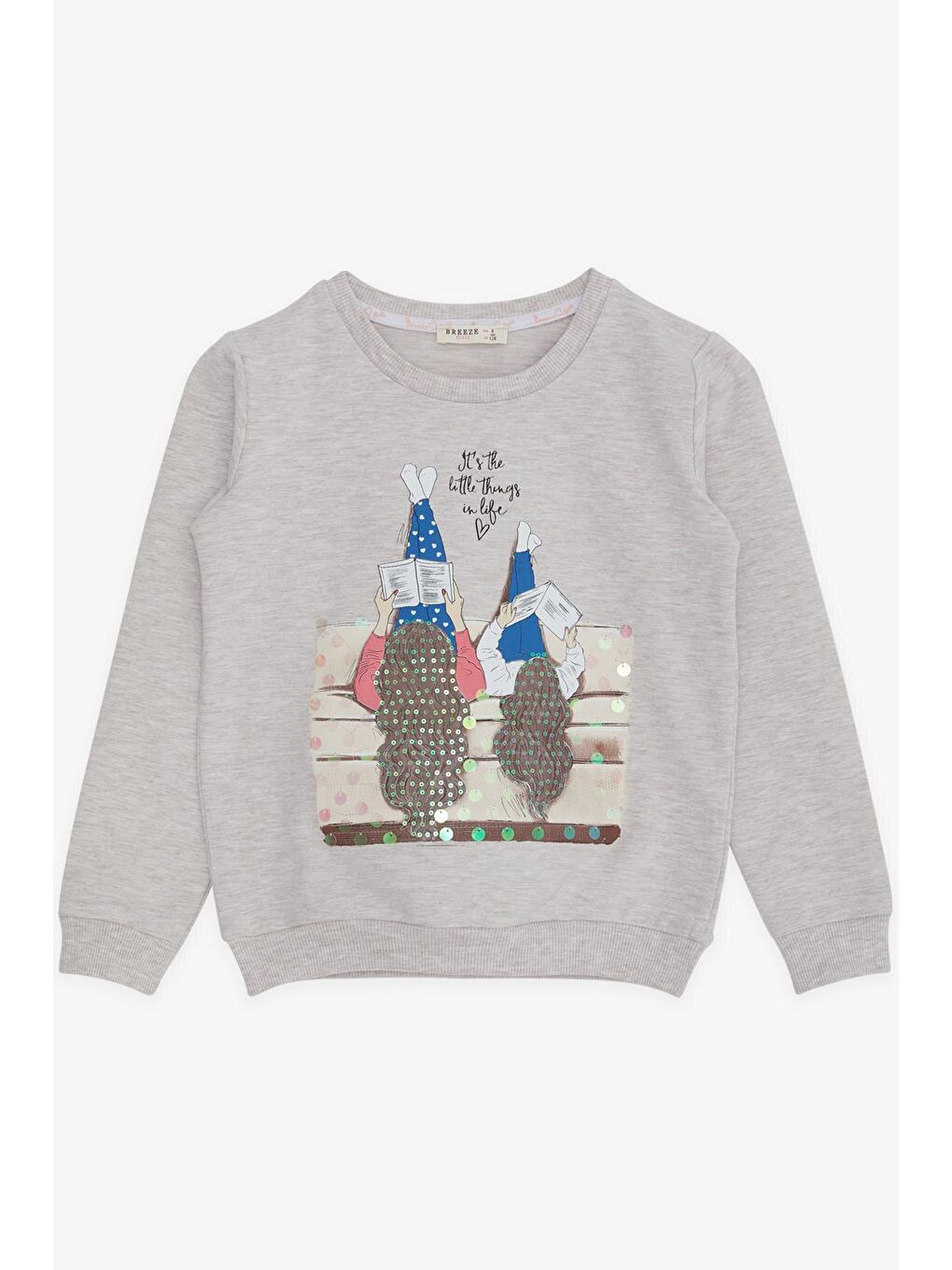 Kız Çocuk Sweatshirt Kız Baskılı Pullu Bej Melanj (8-14 Yaş)