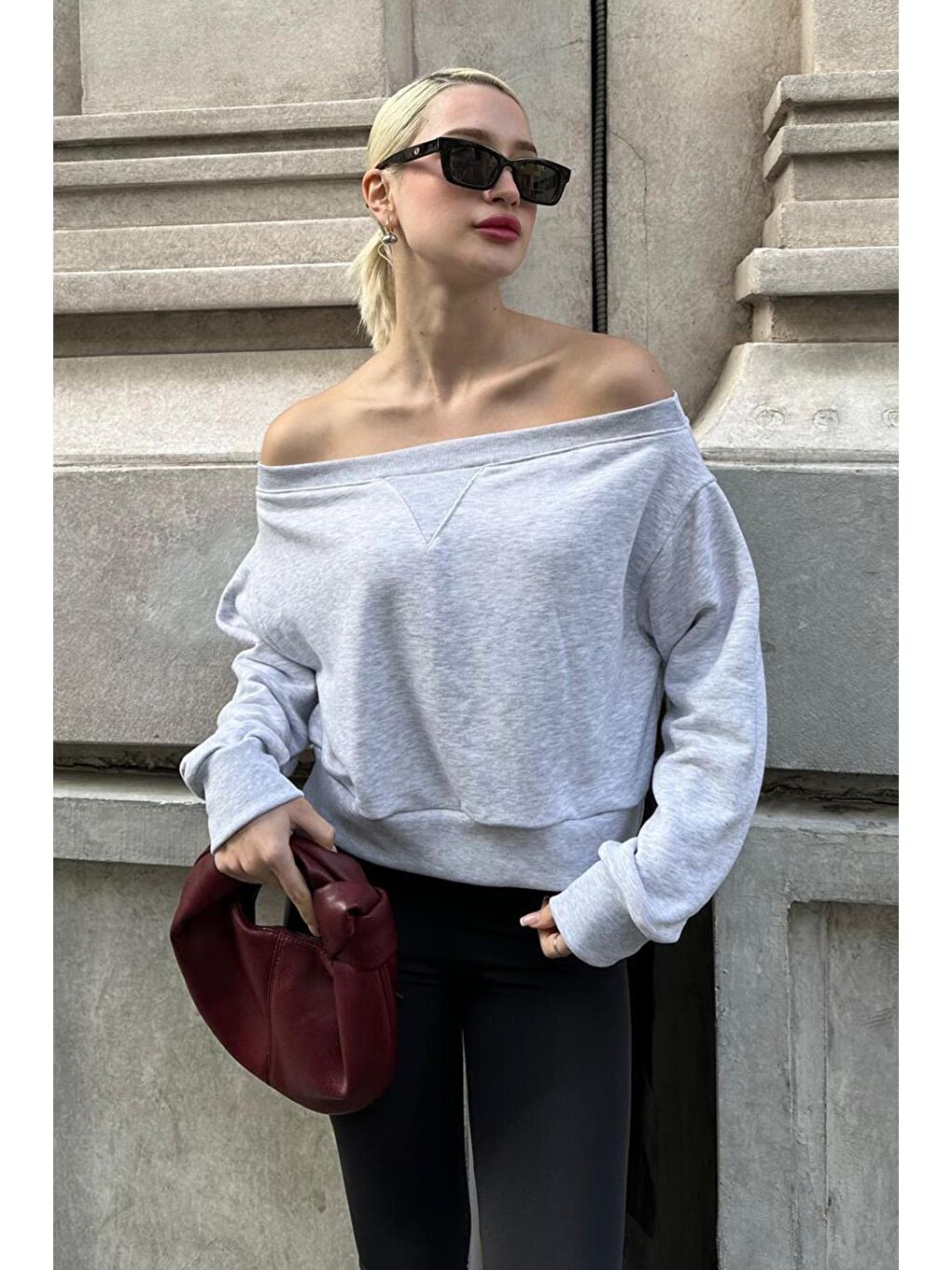 Beyaz Karmelanj Kayık Yaka Kadın Sweatshirt Mg2239-3