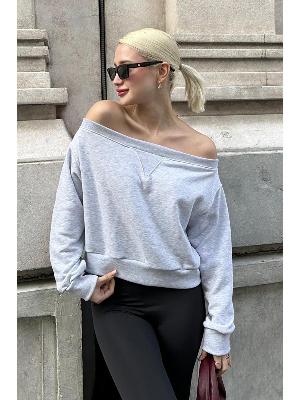 Beyaz Karmelanj Kayık Yaka Kadın Sweatshirt Mg2239-4