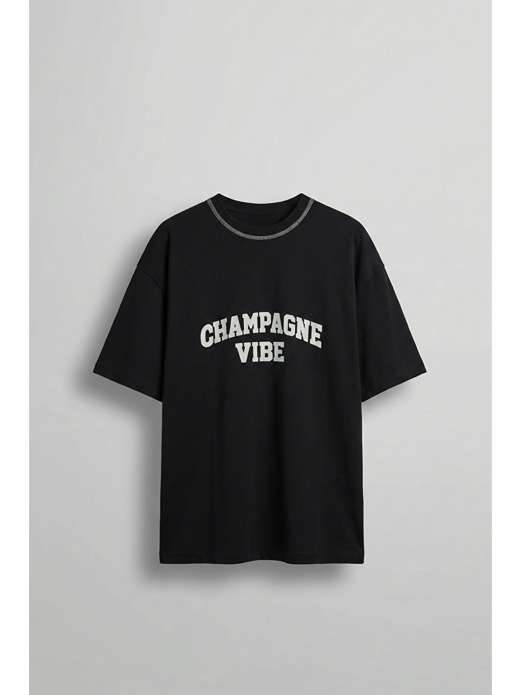 Erkek Oversize Premium Kontrast Yaka Baskılı T-Shirt Siyah