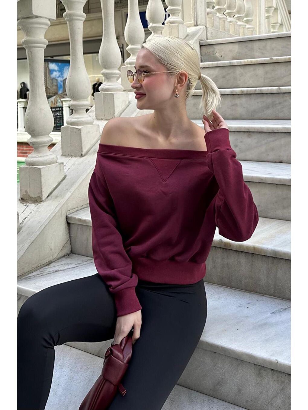 Bordo Kayık Yaka Kadın Sweatshirt Mg2239-1