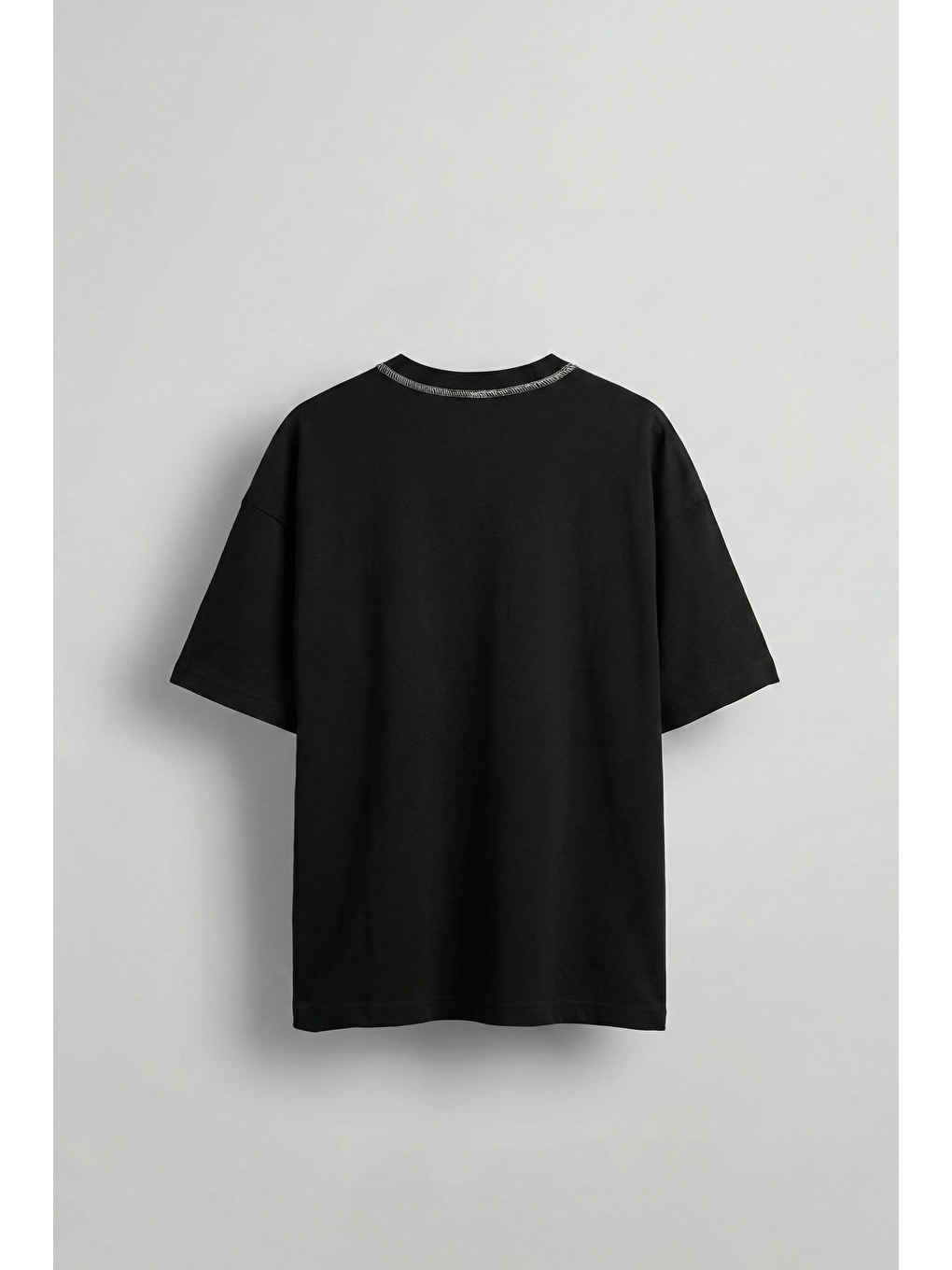 Erkek Oversize Premium Kontrast Yaka Baskılı T-Shirt Siyah-1