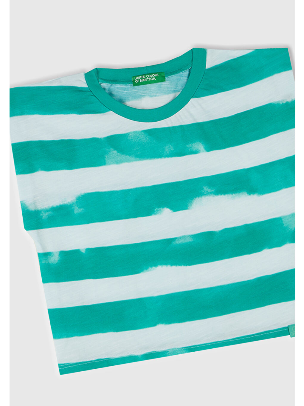 Kız Çocuk Yeşil Çizgili Boynu Nervürlü Logo Etiketi Detaylı Kolsuz T-Shirt-1