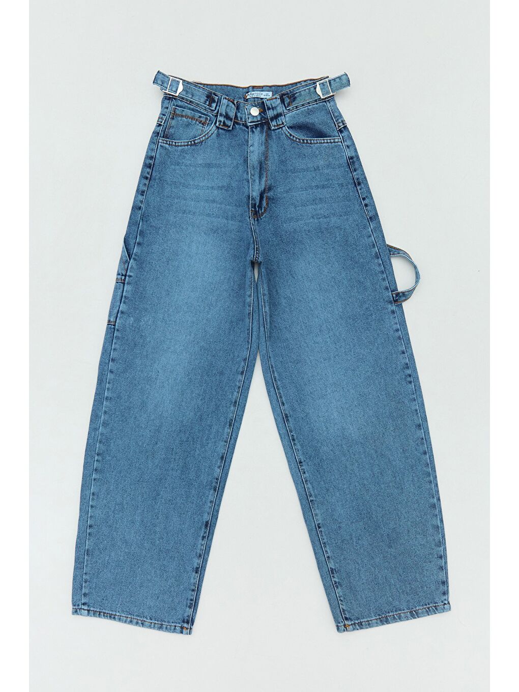 Mavi %100 Pamuk Beli Tokalı Kargo Cepli Kız Çocuk Baggy Pantolon