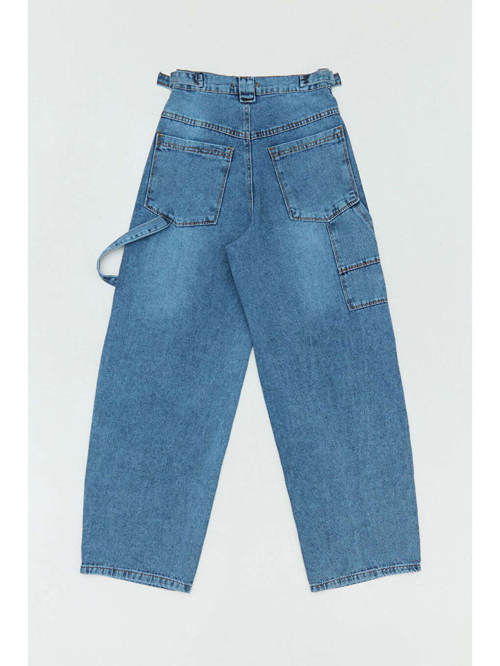 Mavi %100 Pamuk Beli Tokalı Kargo Cepli Kız Çocuk Baggy Pantolon-1