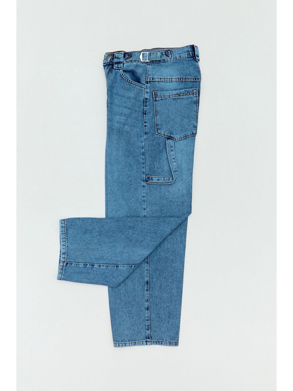 Mavi %100 Pamuk Beli Tokalı Kargo Cepli Kız Çocuk Baggy Pantolon-2