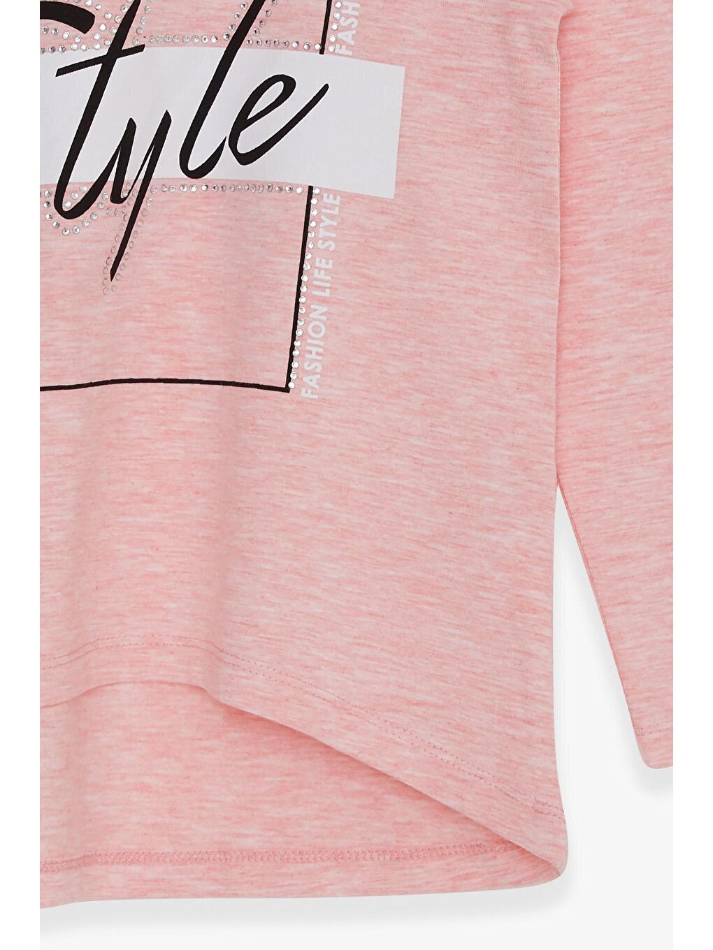 Pembe Kız Çocuk Uzun Kollu Tişört Taşlı Yazı Baskılı Somon Melanj (6-12 Yaş)-3