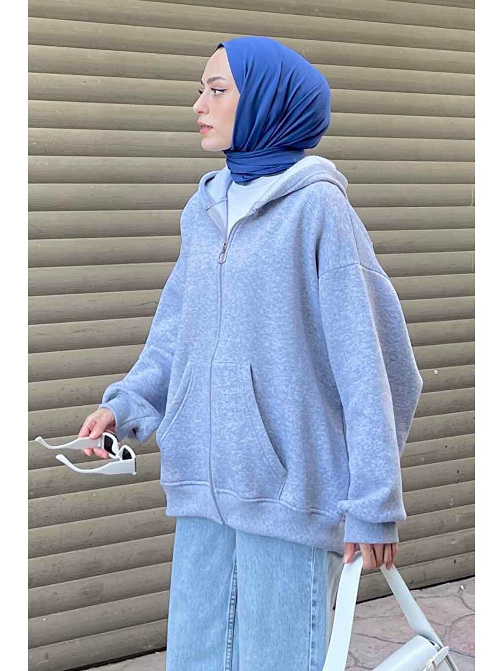 Kapüşonlu Oversize Yan Cepli Sweat Gri-1