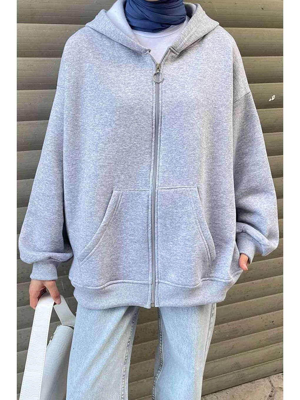 Kapüşonlu Oversize Yan Cepli Sweat Gri-2