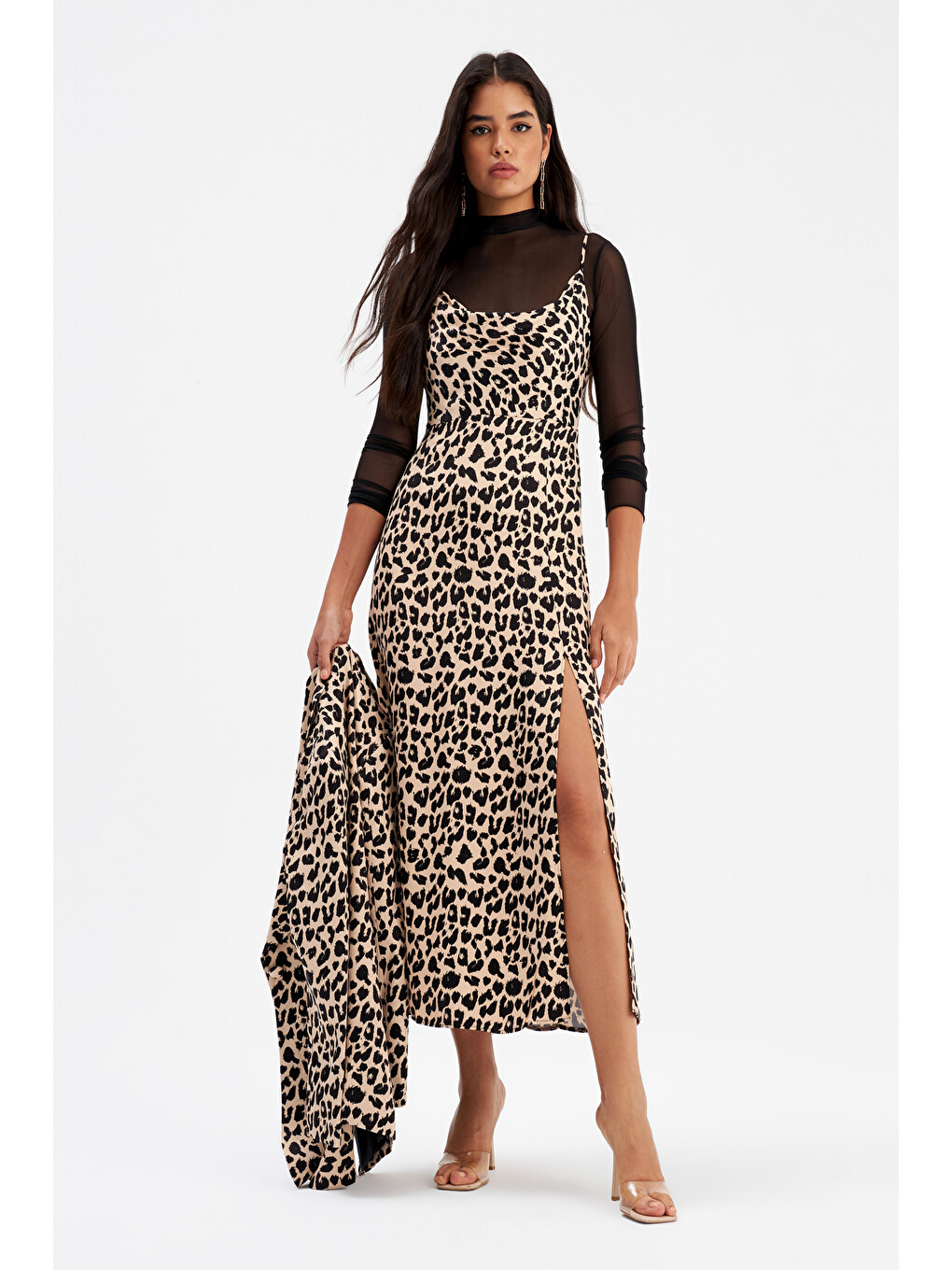 Leopar Desenli Saten Elbise - Bej