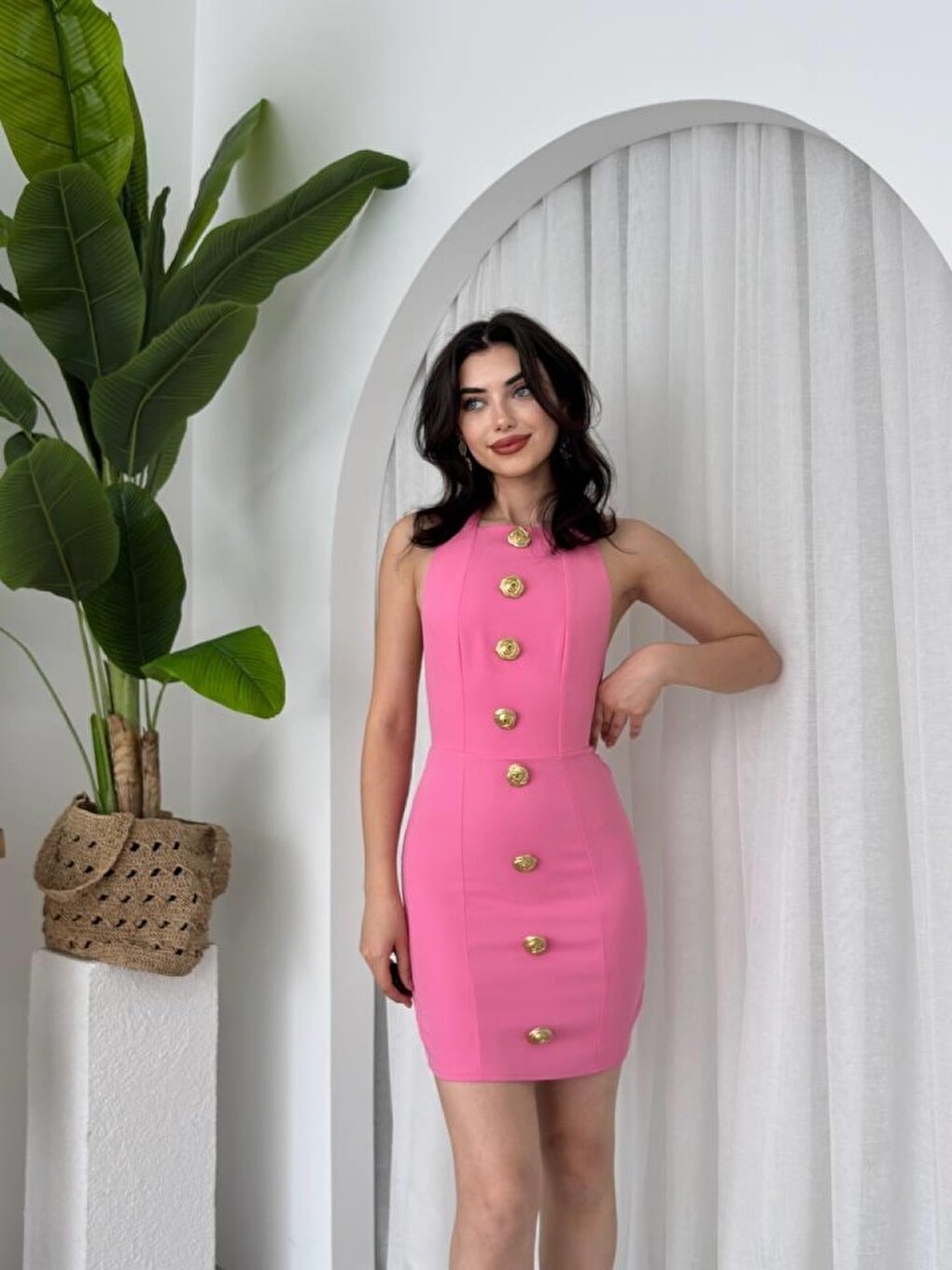Pembe Katalina Gül Düğmeli Elbise-1