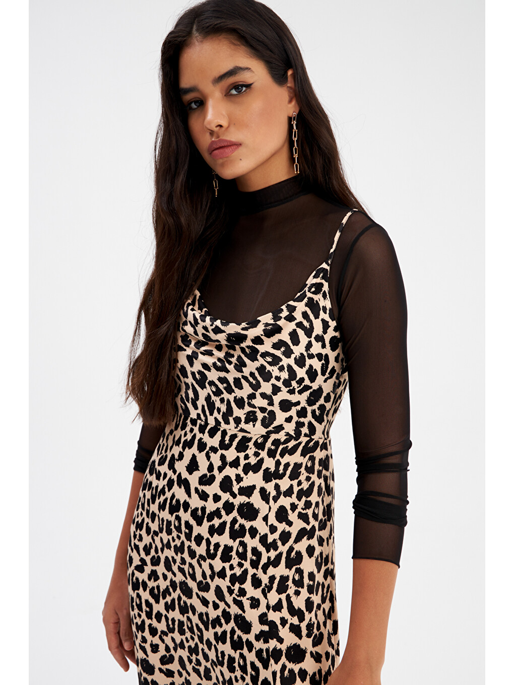 Leopar Desenli Saten Elbise - Bej-1