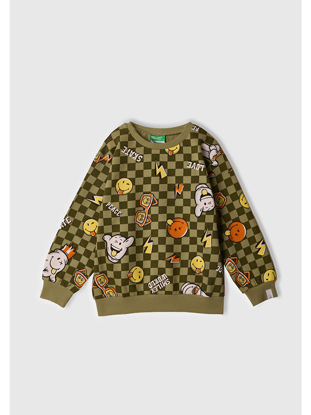 Erkek Çocuk Haki Tamamı Baskılı Logo Etiketli Bisiklet Yaka Sweatshirt