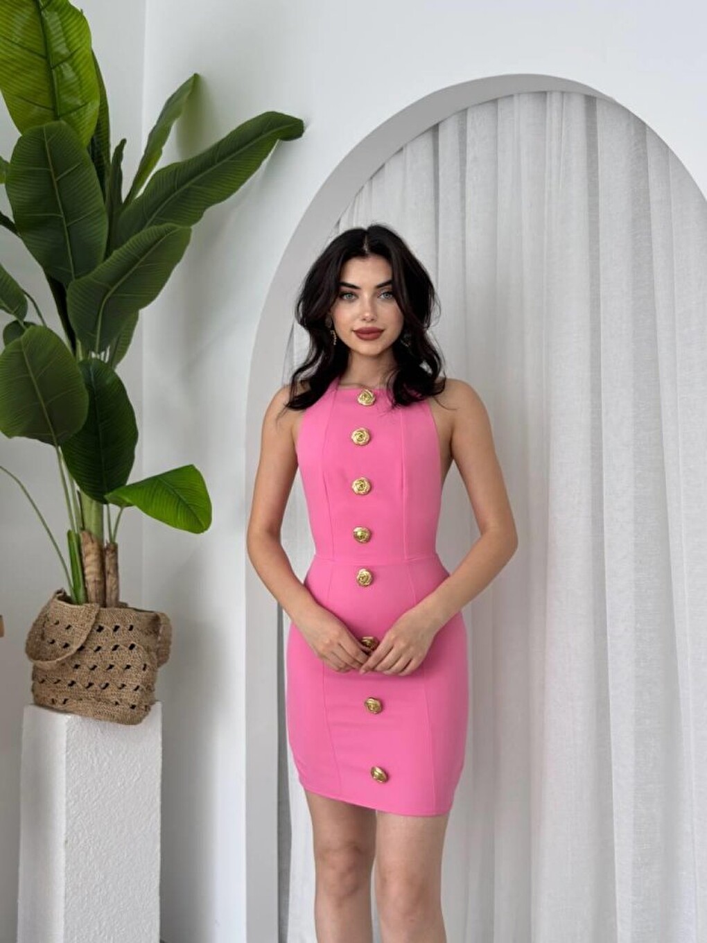 Pembe Katalina Gül Düğmeli Elbise-3