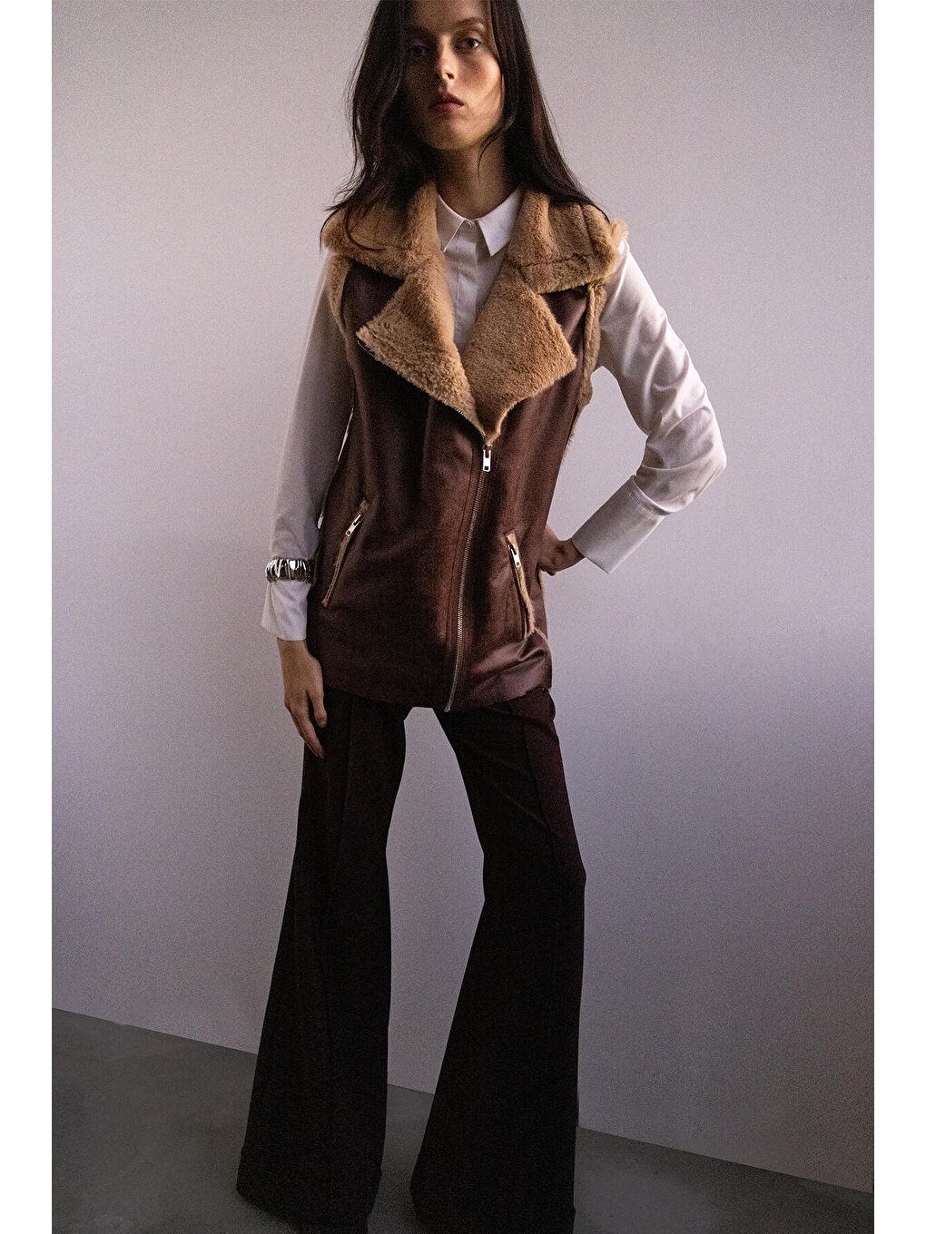 Kahverengi İçi Kürklü Suni Deri Yelek