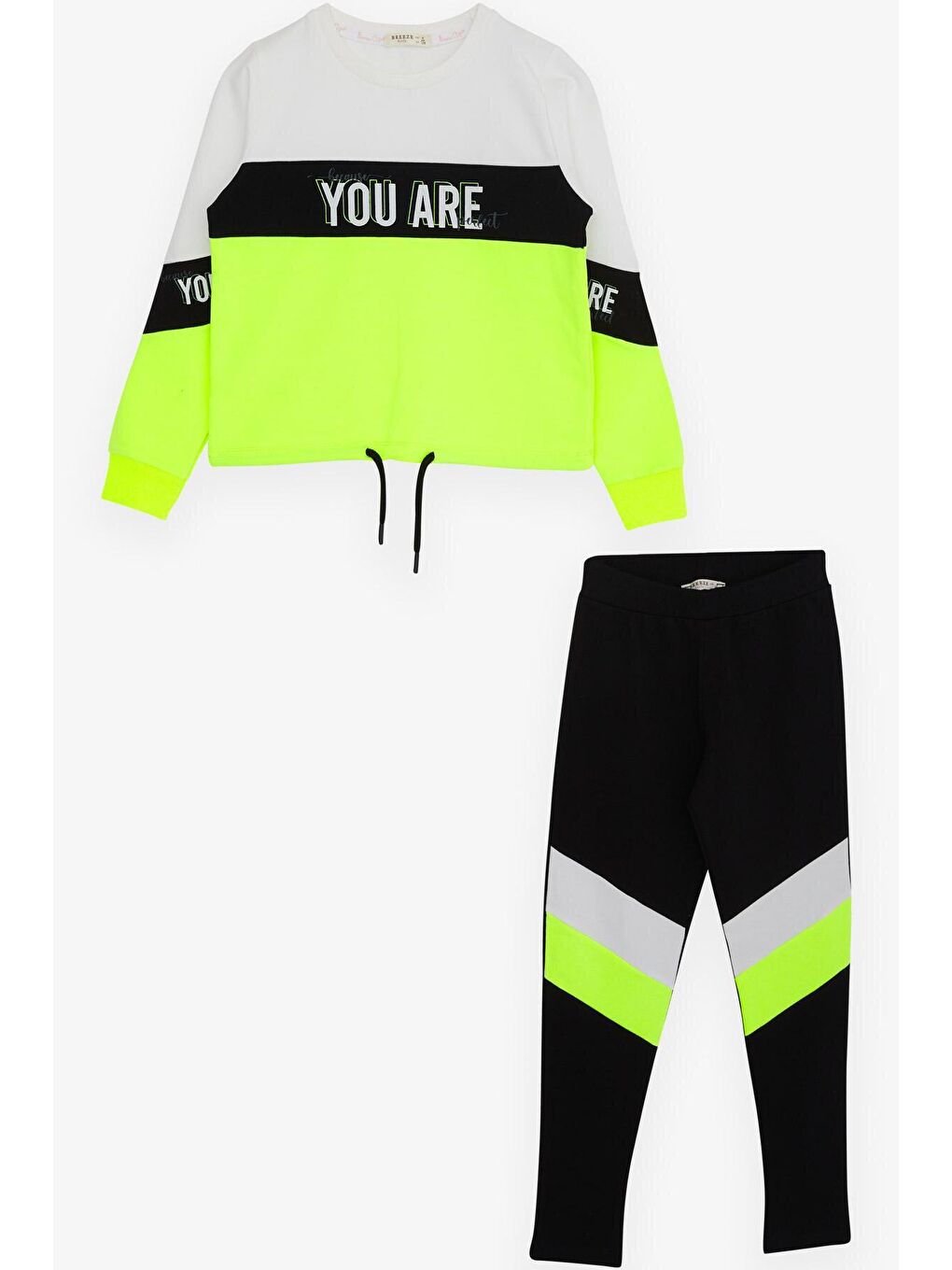 Kız Çocuk Taytlı Takım Yazı Blok Desenli Ekru (4 Yaş)