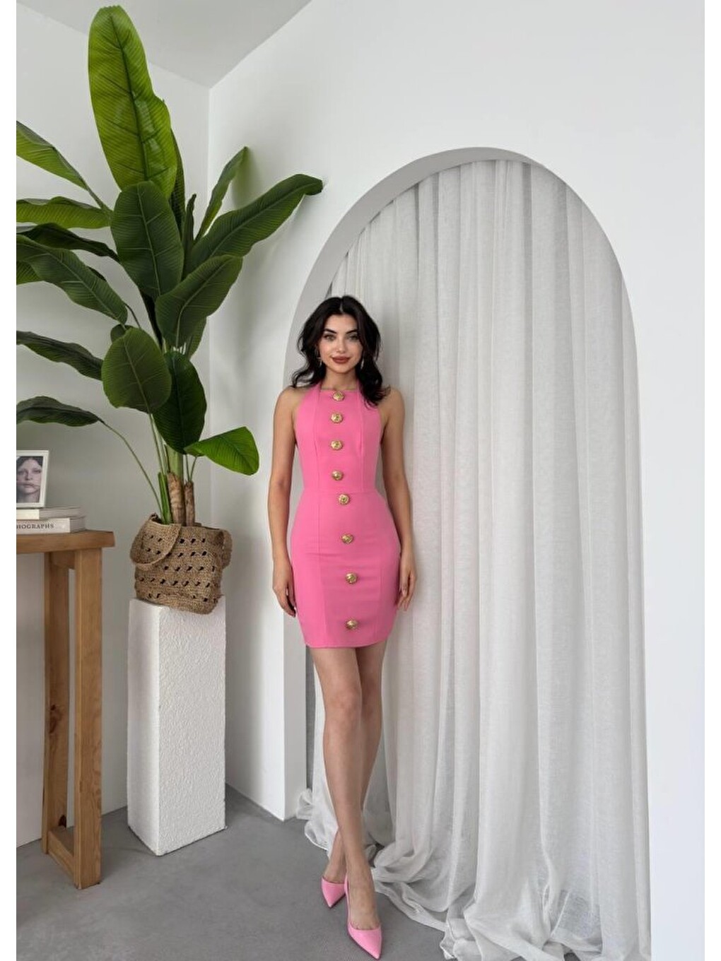 Pembe Katalina Gül Düğmeli Elbise-6