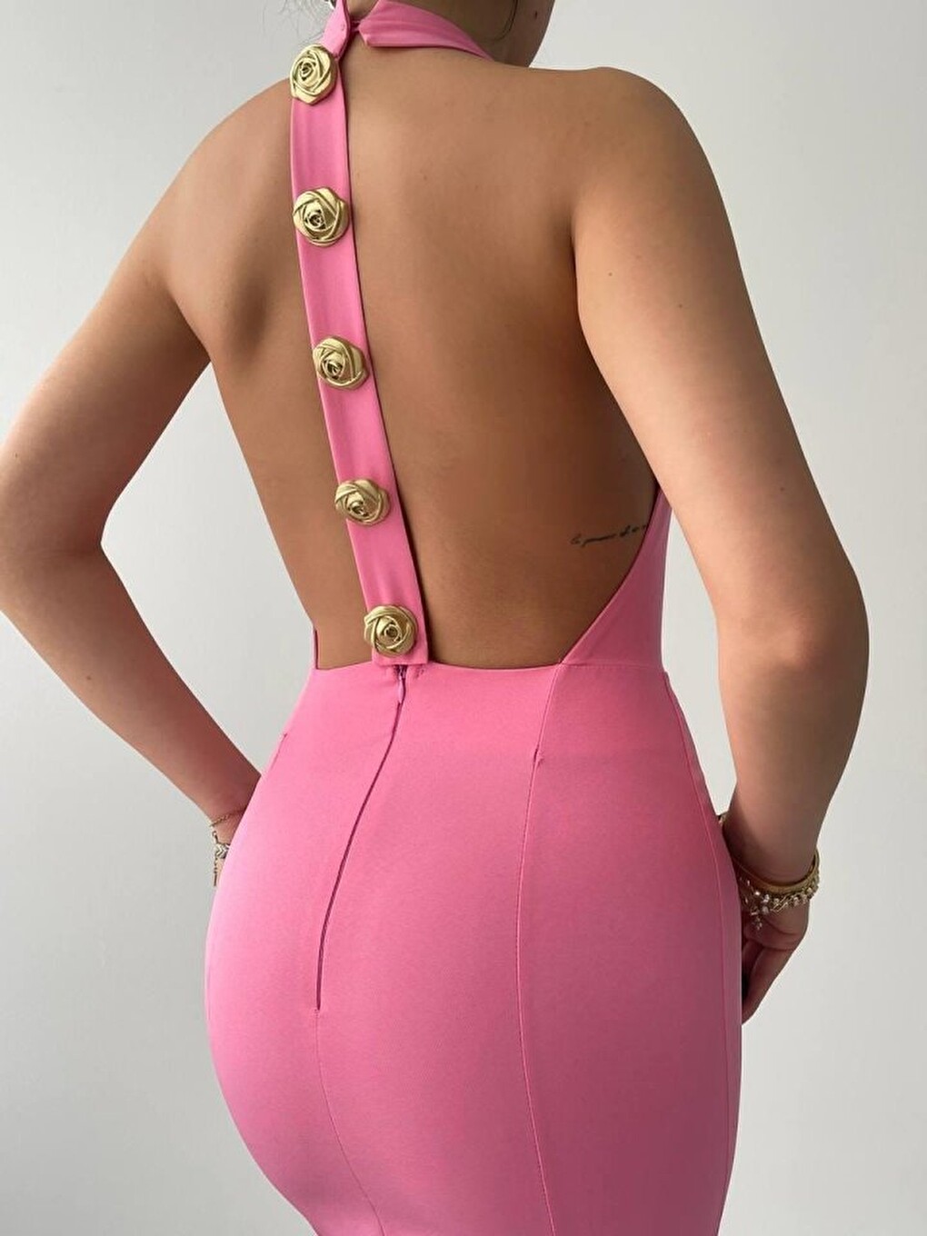 Pembe Katalina Gül Düğmeli Elbise-7